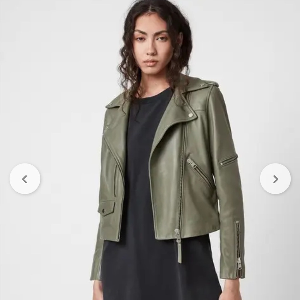 ALL SAINTS Darnley Slim Fit Biker olive/Sage green 100% Lamb Leather Jacket- 6 - Picture 8 of 16